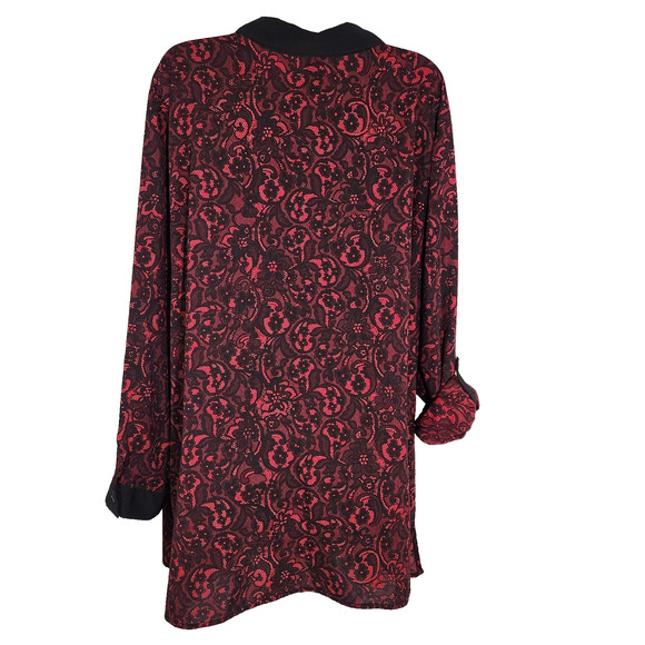 Catherines Womens Floral Button Up Shirt 3X Black Red Roll Tab Sleeves Office - Picture 2 of 9